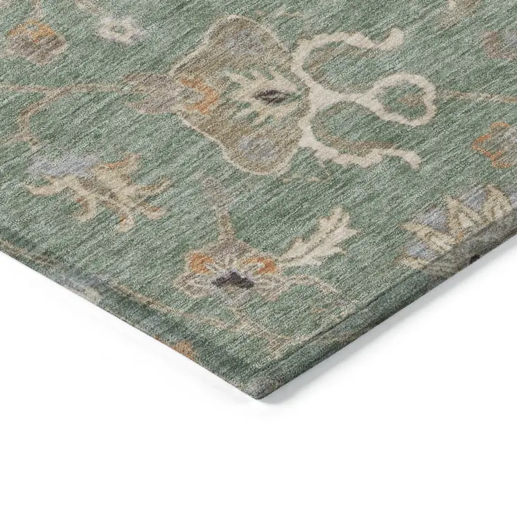 3' X 5' Artichoke Green Ivory And Coral Floral Washable Indoor Outdoor Area Rug