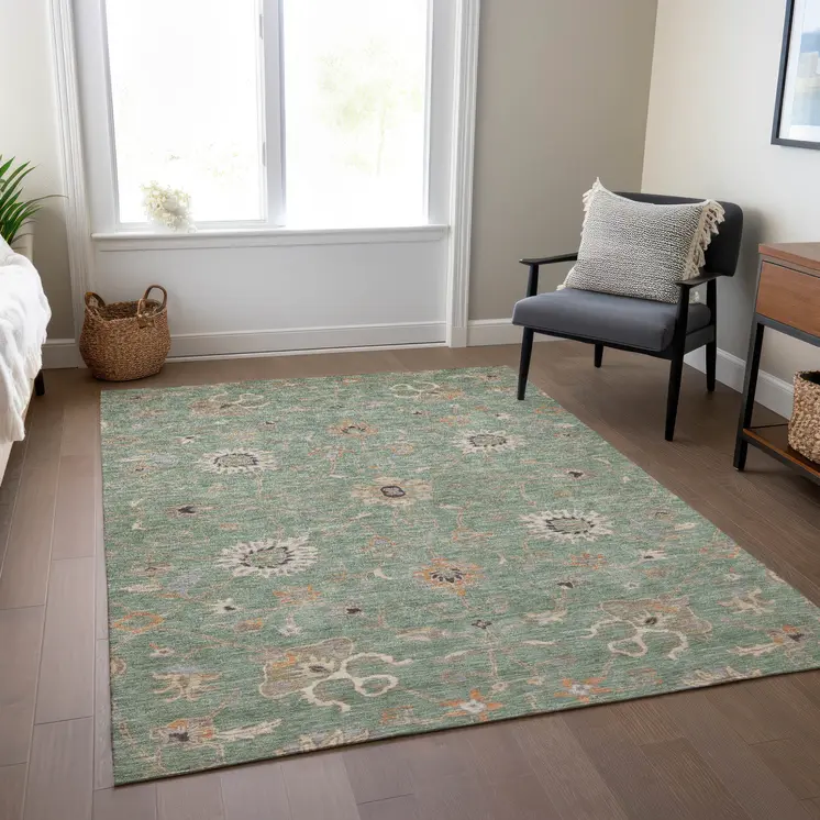 3' X 5' Artichoke Green Ivory And Coral Floral Washable Indoor Outdoor Area Rug