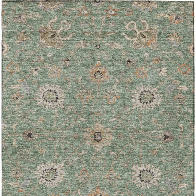 5' X 8' Artichoke Green Ivory And Coral Floral Washable Indoor Outdoor Area Rug