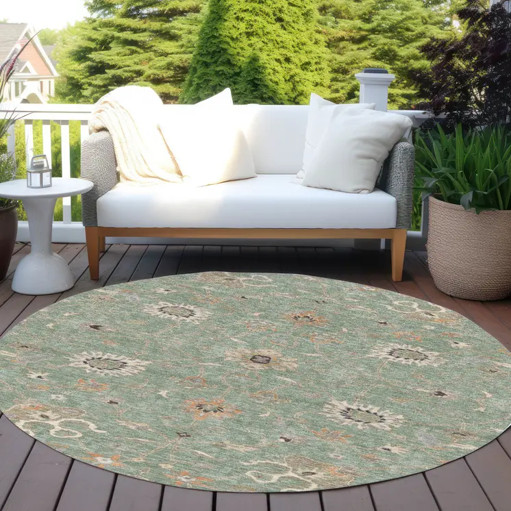8' Artichoke Green Ivory And Coral Round Floral Washable Indoor Outdoor Area Rug