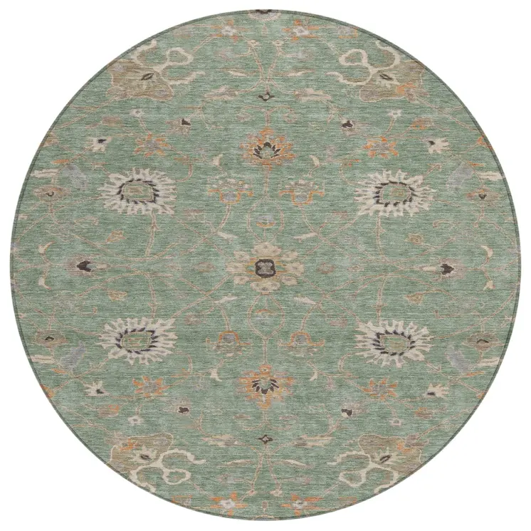 8' Artichoke Green Ivory And Coral Round Floral Washable Indoor Outdoor Area Rug