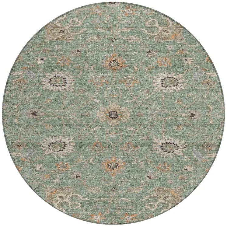 8' Artichoke Green Ivory And Coral Round Floral Washable Indoor Outdoor Area Rug