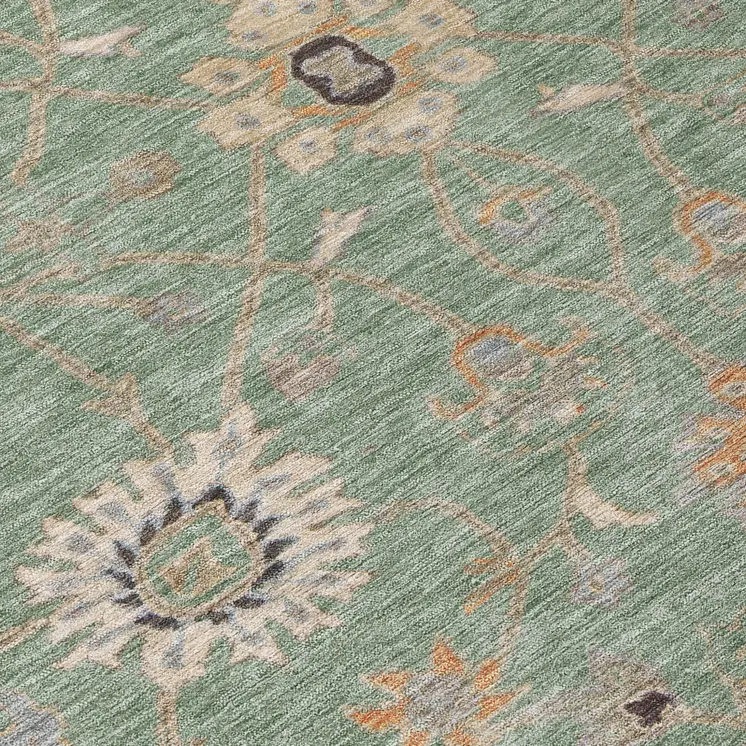 8' Artichoke Green Ivory And Coral Round Floral Washable Indoor Outdoor Area Rug