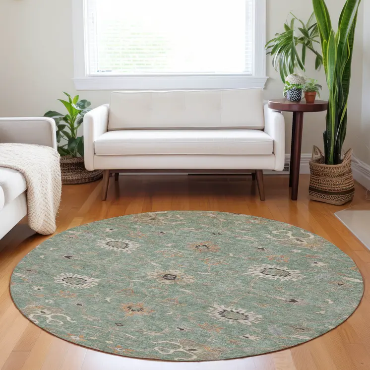 8' Artichoke Green Ivory And Coral Round Floral Washable Indoor Outdoor Area Rug