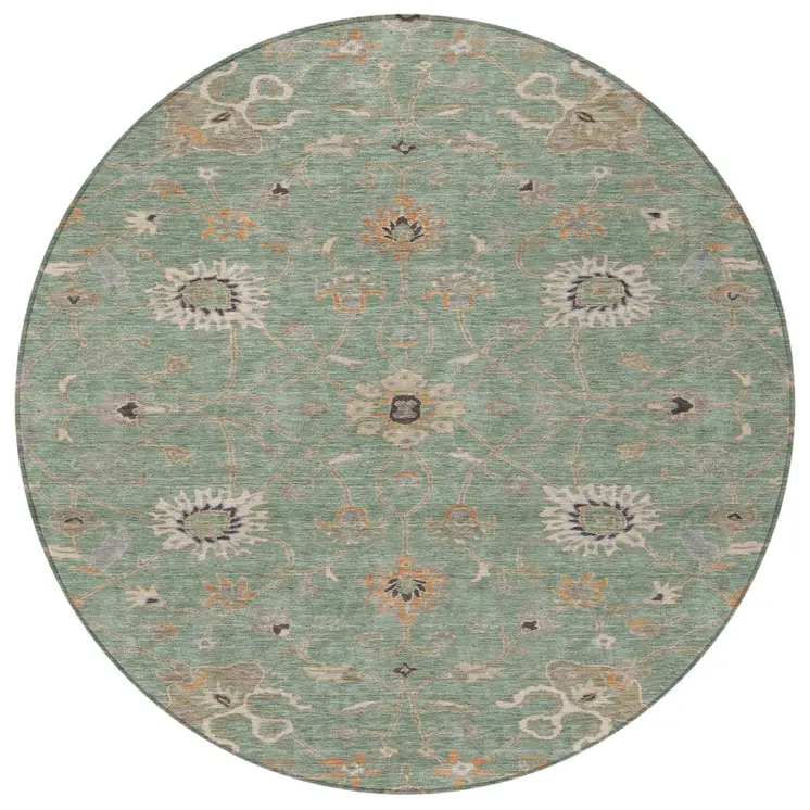 8' Artichoke Green Ivory And Coral Round Floral Washable Indoor Outdoor Area Rug