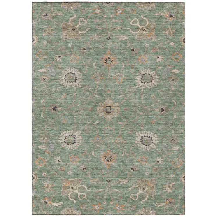 8' X 10' Artichoke Green Ivory And Coral Floral Washable Indoor Outdoor Area Rug