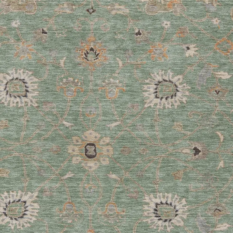8' X 10' Artichoke Green Ivory And Coral Floral Washable Indoor Outdoor Area Rug