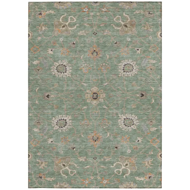 9' X 12' Artichoke Green Ivory And Coral Floral Washable Indoor Outdoor Area Rug