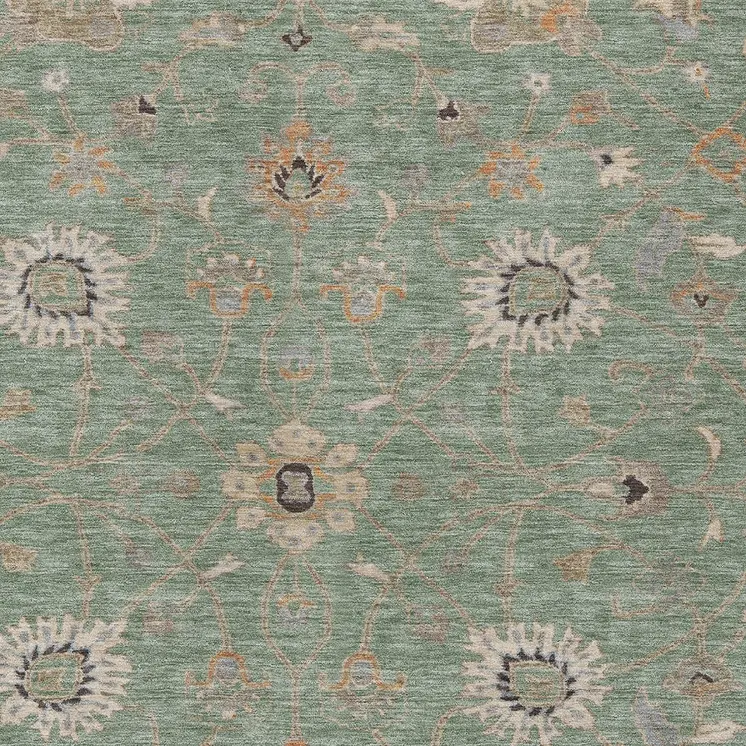 10' X 14' Artichoke Green Ivory And Coral Floral Washable Indoor Outdoor Area Rug
