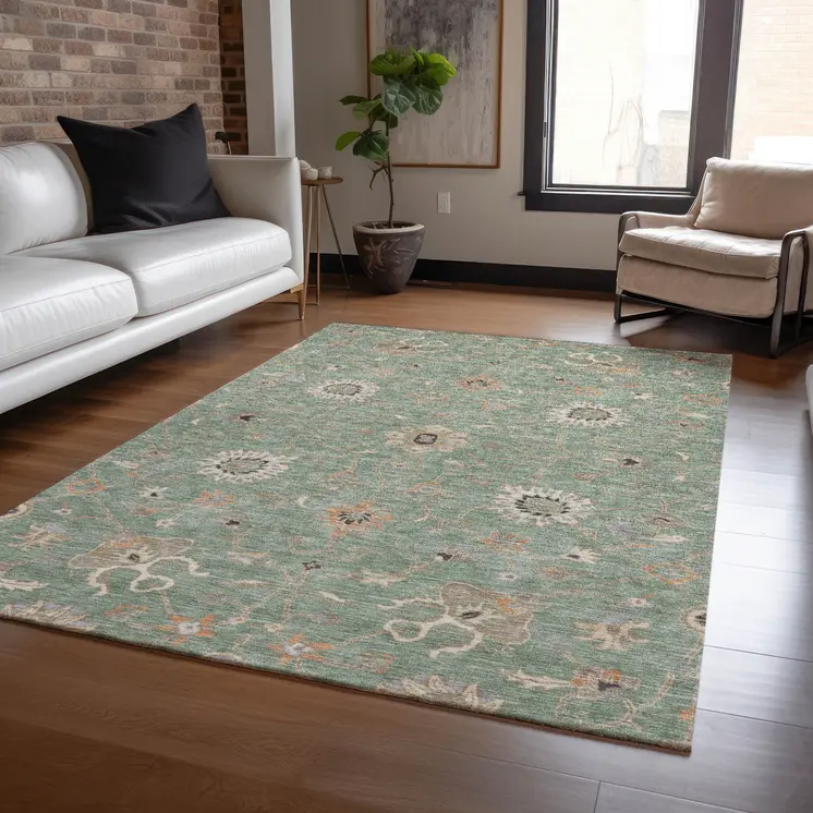 10' X 14' Artichoke Green Ivory And Coral Floral Washable Indoor Outdoor Area Rug