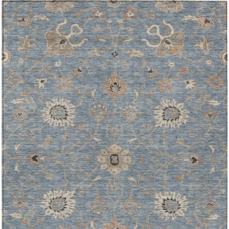 5' X 8' Denim Blue Ivory And Coral Floral Washable Indoor Outdoor Area Rug