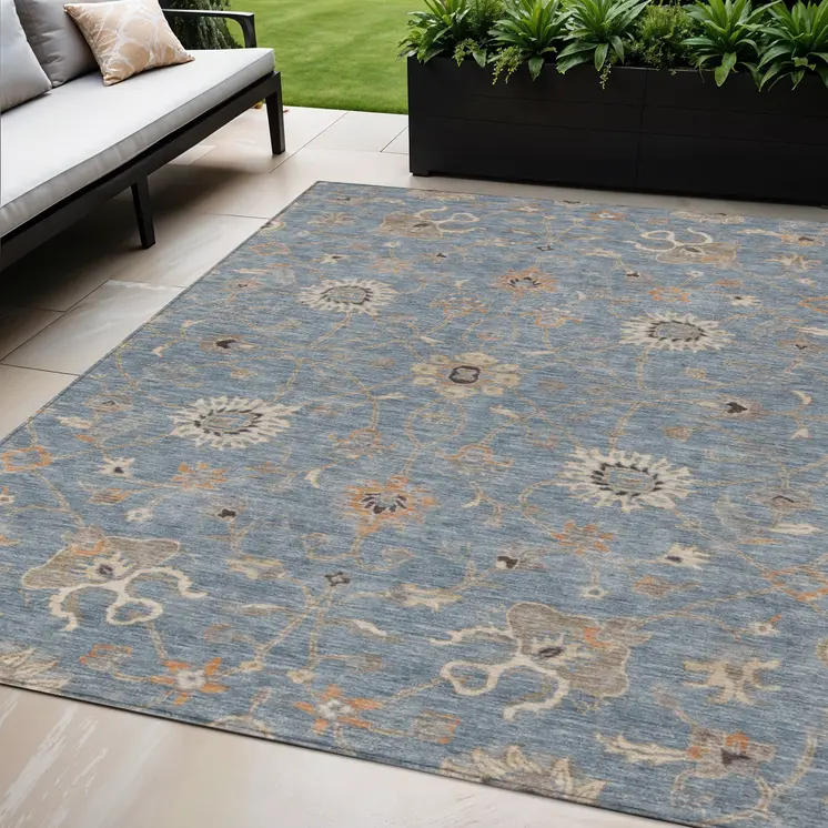 5' X 8' Denim Blue Ivory And Coral Floral Washable Indoor Outdoor Area Rug