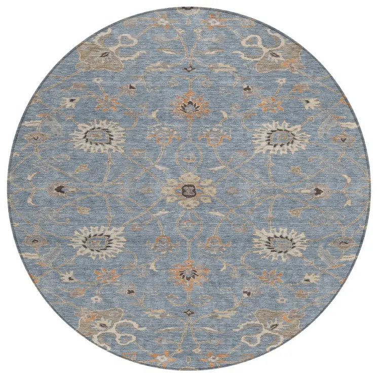 8' Denim Blue Ivory And Coral Round Floral Washable Indoor Outdoor Area Rug