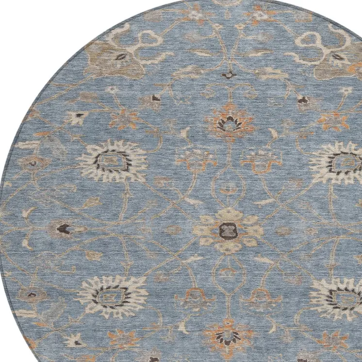 8' Denim Blue Ivory And Coral Round Floral Washable Indoor Outdoor Area Rug