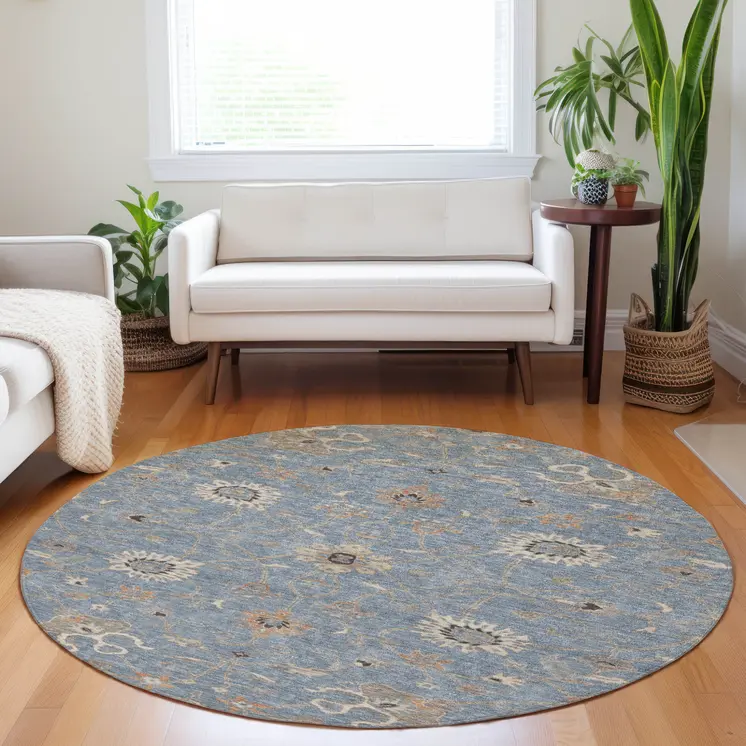 8' Denim Blue Ivory And Coral Round Floral Washable Indoor Outdoor Area Rug