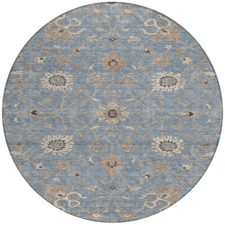 8' Denim Blue Ivory And Coral Round Floral Washable Indoor Outdoor Area Rug