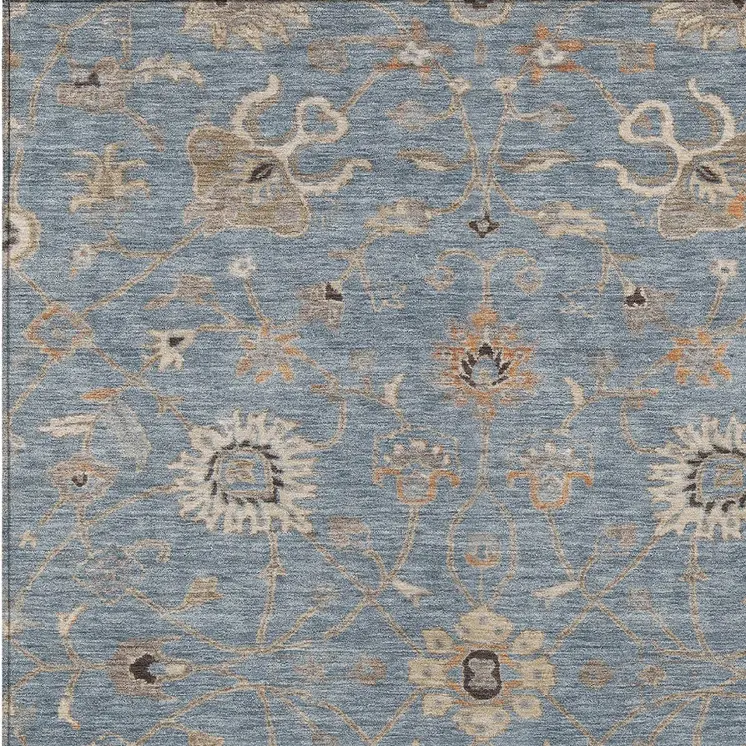 8' X 10' Denim Blue Ivory And Coral Floral Washable Indoor Outdoor Area Rug
