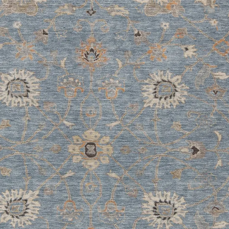 9' X 12' Denim Blue Ivory And Coral Floral Washable Indoor Outdoor Area Rug