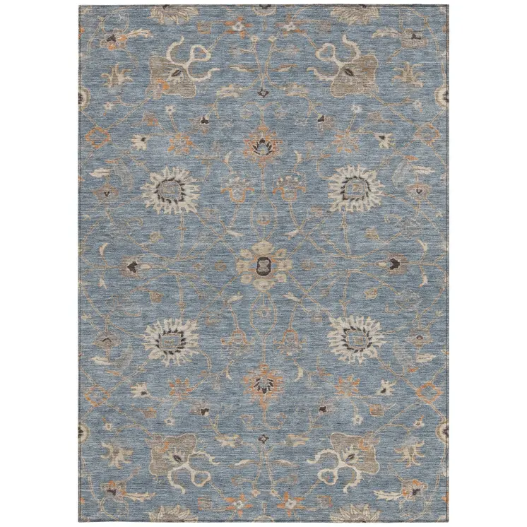 10' X 14' Denim Blue Ivory And Coral Floral Washable Indoor Outdoor Area Rug