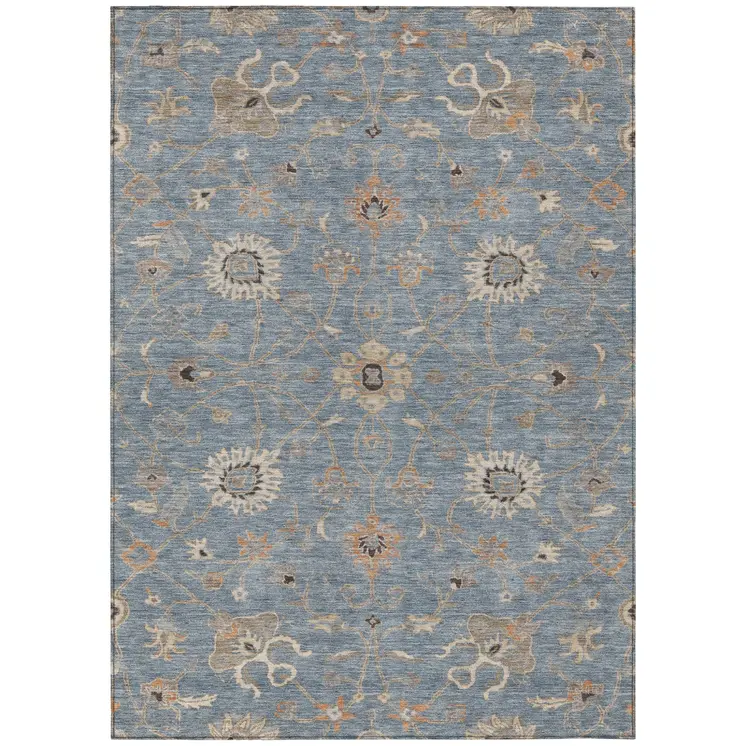 10' X 14' Denim Blue Ivory And Coral Floral Washable Indoor Outdoor Area Rug