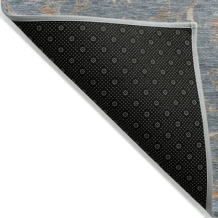 10' X 14' Denim Blue Ivory And Coral Floral Washable Indoor Outdoor Area Rug