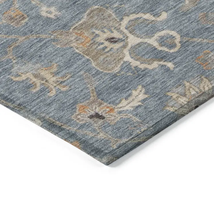 10' X 14' Denim Blue Ivory And Coral Floral Washable Indoor Outdoor Area Rug