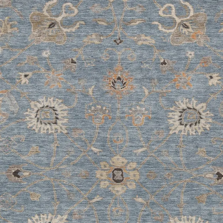 10' X 14' Denim Blue Ivory And Coral Floral Washable Indoor Outdoor Area Rug