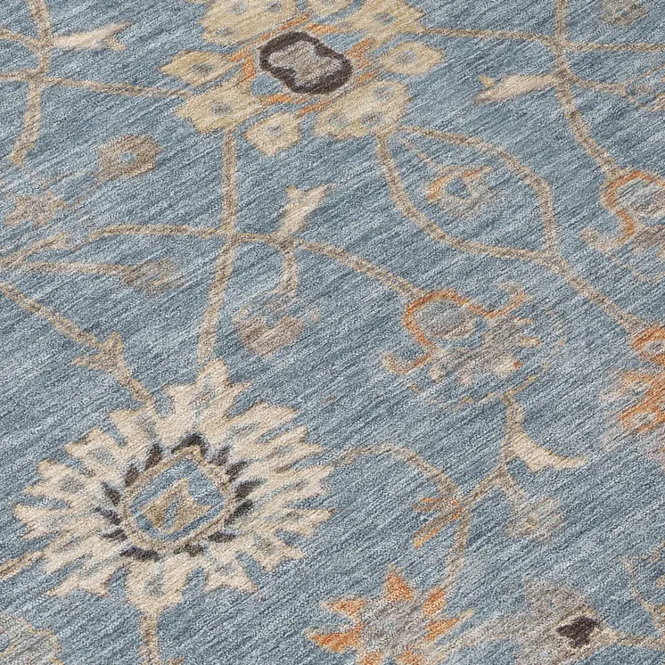 10' X 14' Denim Blue Ivory And Coral Floral Washable Indoor Outdoor Area Rug