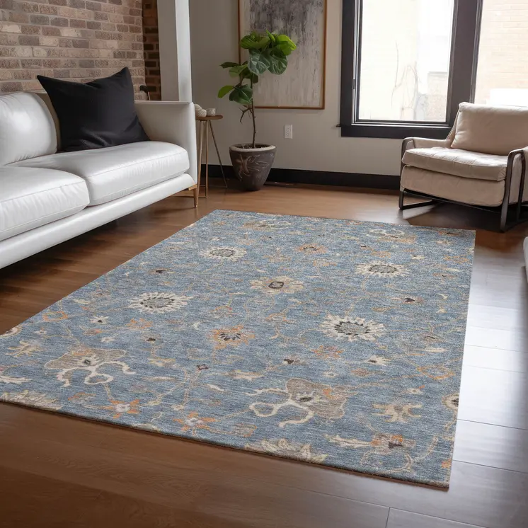 10' X 14' Denim Blue Ivory And Coral Floral Washable Indoor Outdoor Area Rug