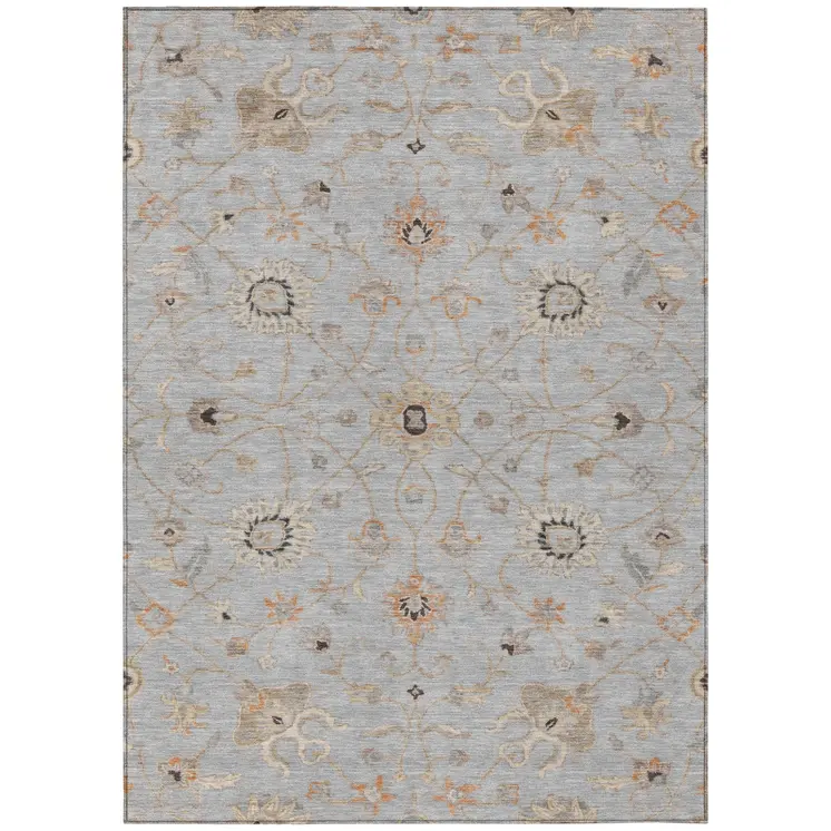 5' X 8' Gray Beige And Coral Floral Washable Indoor Outdoor Area Rug