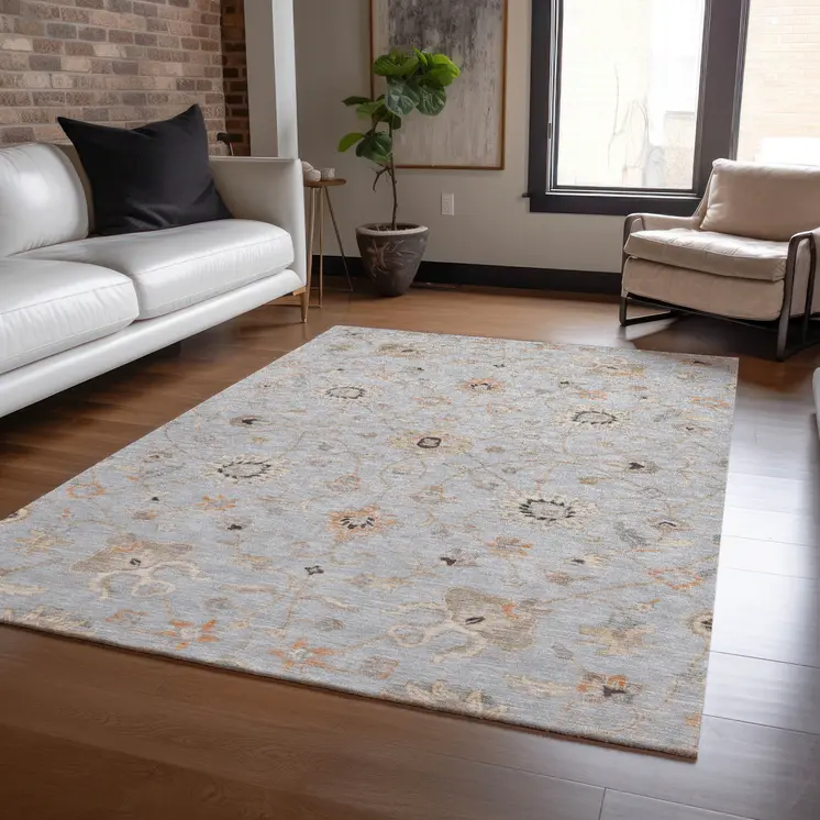 5' X 8' Gray Beige And Coral Floral Washable Indoor Outdoor Area Rug
