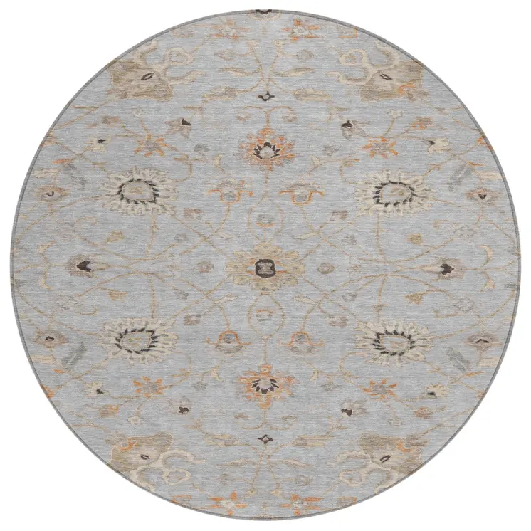 8' Gray Beige And Coral Round Floral Washable Indoor Outdoor Area Rug