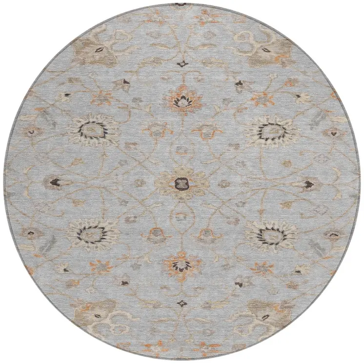 8' Gray Beige And Coral Round Floral Washable Indoor Outdoor Area Rug