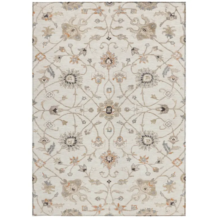 5' X 8' Ivory Brown And Coral Floral Washable Indoor Outdoor Area Rug