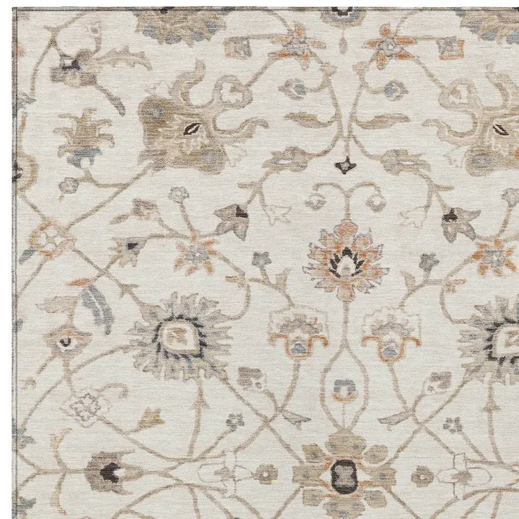 5' X 8' Ivory Brown And Coral Floral Washable Indoor Outdoor Area Rug