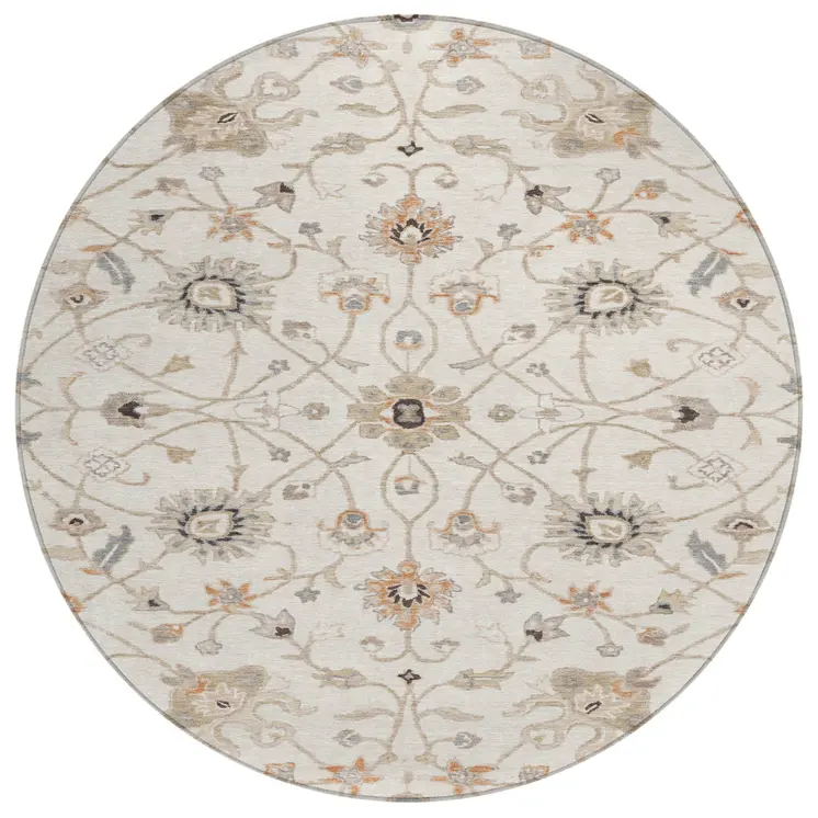 8' Ivory Brown And Coral Round Floral Washable Indoor Outdoor Area Rug