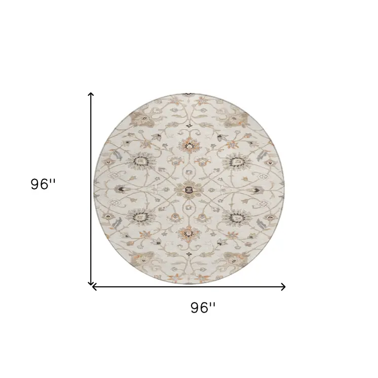 8' Ivory Brown And Coral Round Floral Washable Indoor Outdoor Area Rug