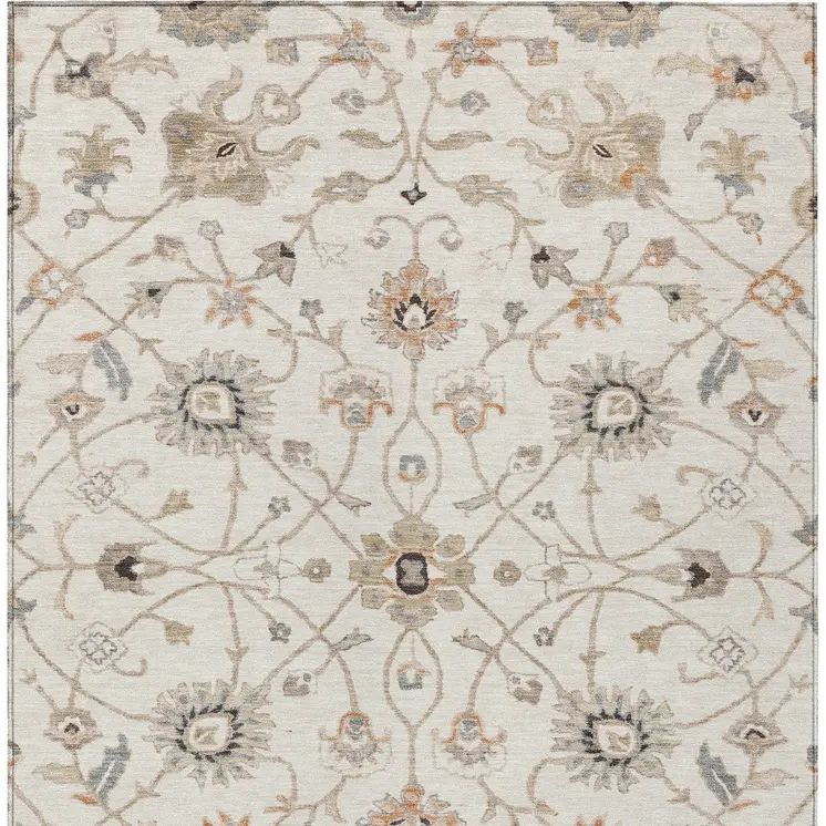 10' X 14' Ivory Brown And Coral Floral Washable Indoor Outdoor Area Rug