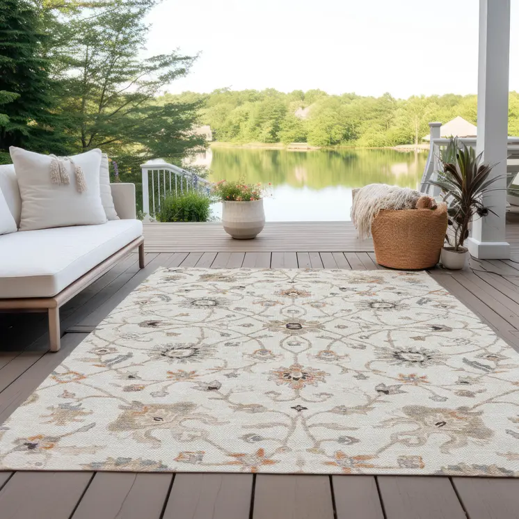 10' X 14' Ivory Brown And Coral Floral Washable Indoor Outdoor Area Rug