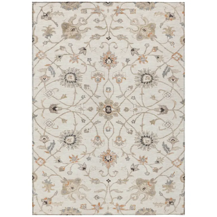 10' X 14' Ivory Brown And Coral Floral Washable Indoor Outdoor Area Rug