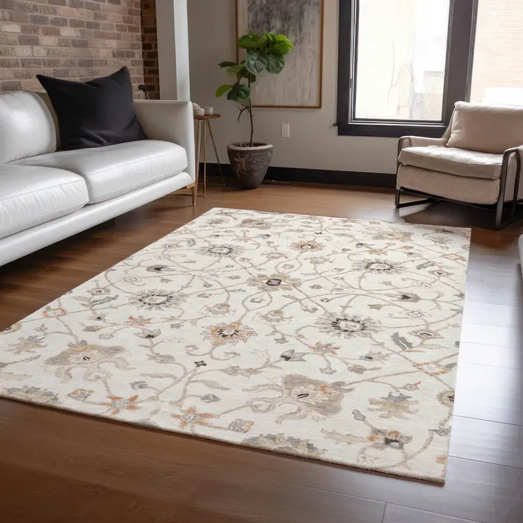 10' X 14' Ivory Brown And Coral Floral Washable Indoor Outdoor Area Rug