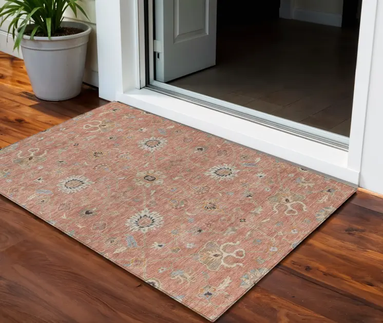 3' X 5' Pink Gray And Beige Floral Washable Indoor Outdoor Area Rug