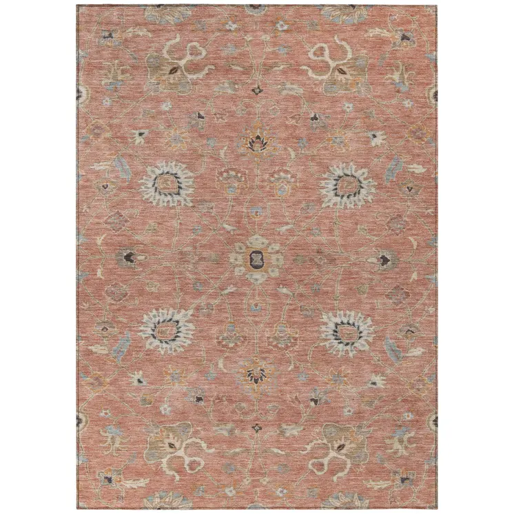 5' X 8' Pink Gray And Beige Floral Washable Indoor Outdoor Area Rug