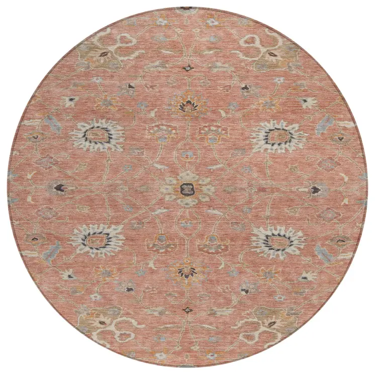 8' Pink Gray And Beige Round Floral Washable Indoor Outdoor Area Rug