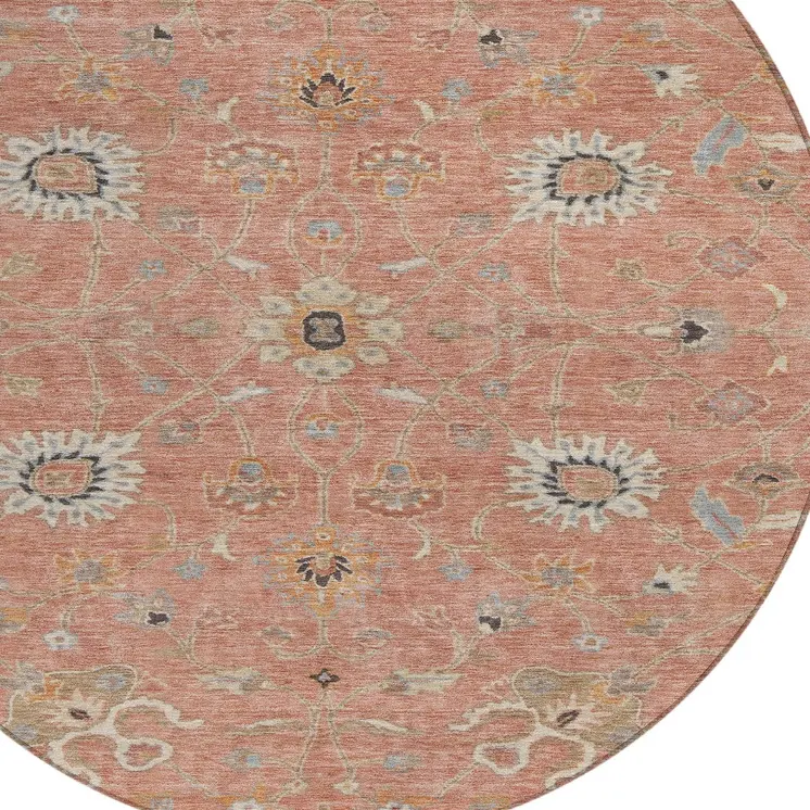 8' Pink Gray And Beige Round Floral Washable Indoor Outdoor Area Rug