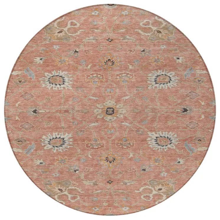 8' Pink Gray And Beige Round Floral Washable Indoor Outdoor Area Rug