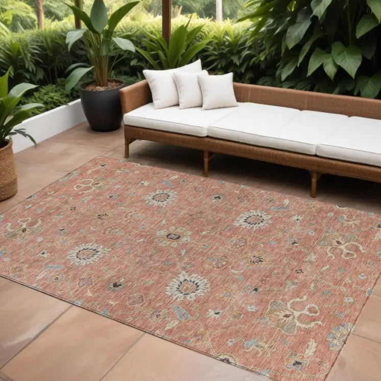 10' X 14' Pink Gray And Beige Floral Washable Indoor Outdoor Area Rug