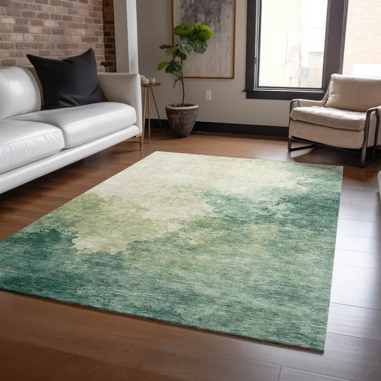 5' X 8' Green And Ivory Abstract Washable Indoor Outdoor Area Rug