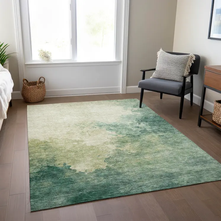 5' X 8' Green And Ivory Abstract Washable Indoor Outdoor Area Rug