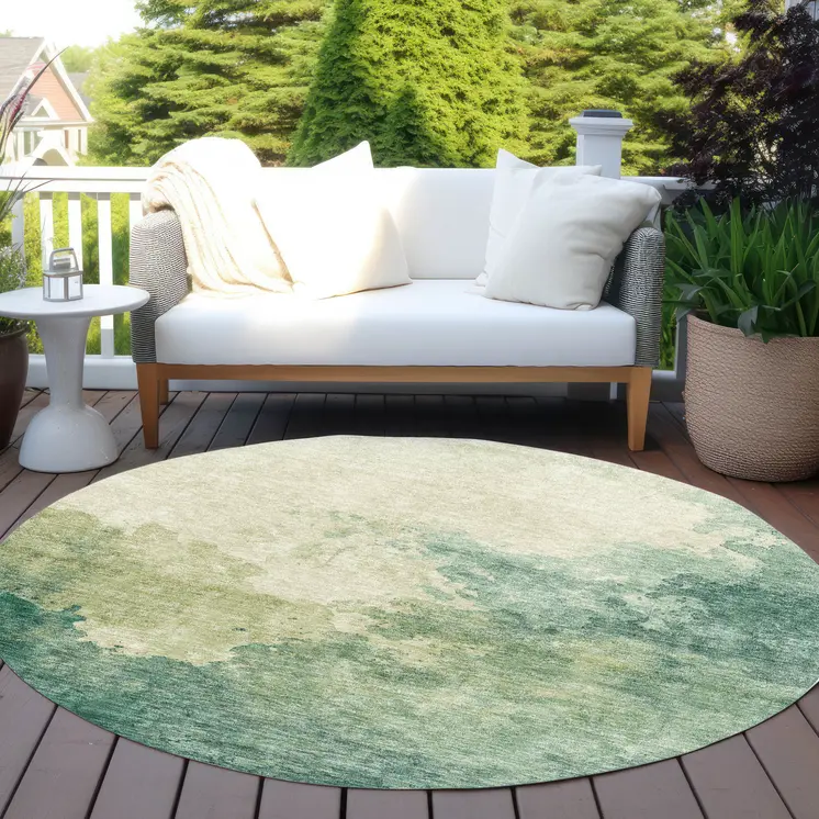 8' Green And Ivory Round Abstract Washable Indoor Outdoor Area Rug